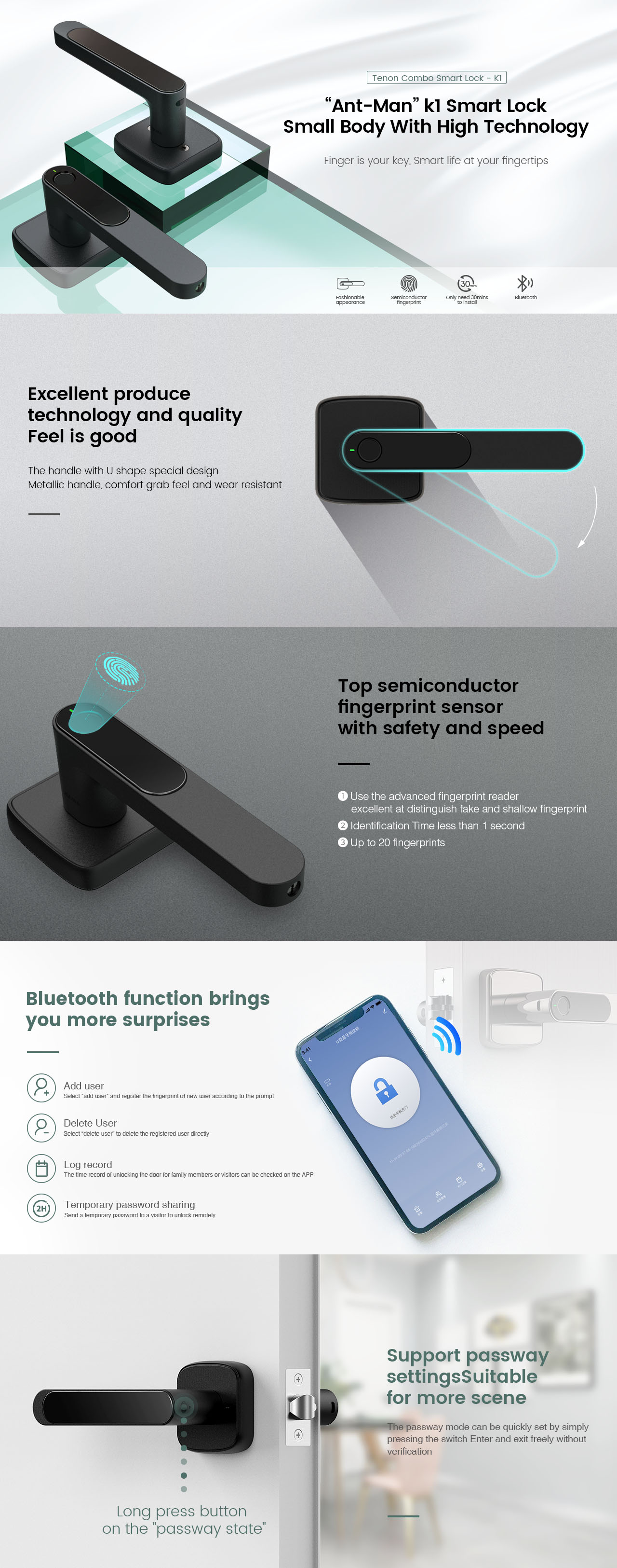 Detalles de la palanca Bluetooth inteligente miniatura basada en un solo pestillo para puertas interiores